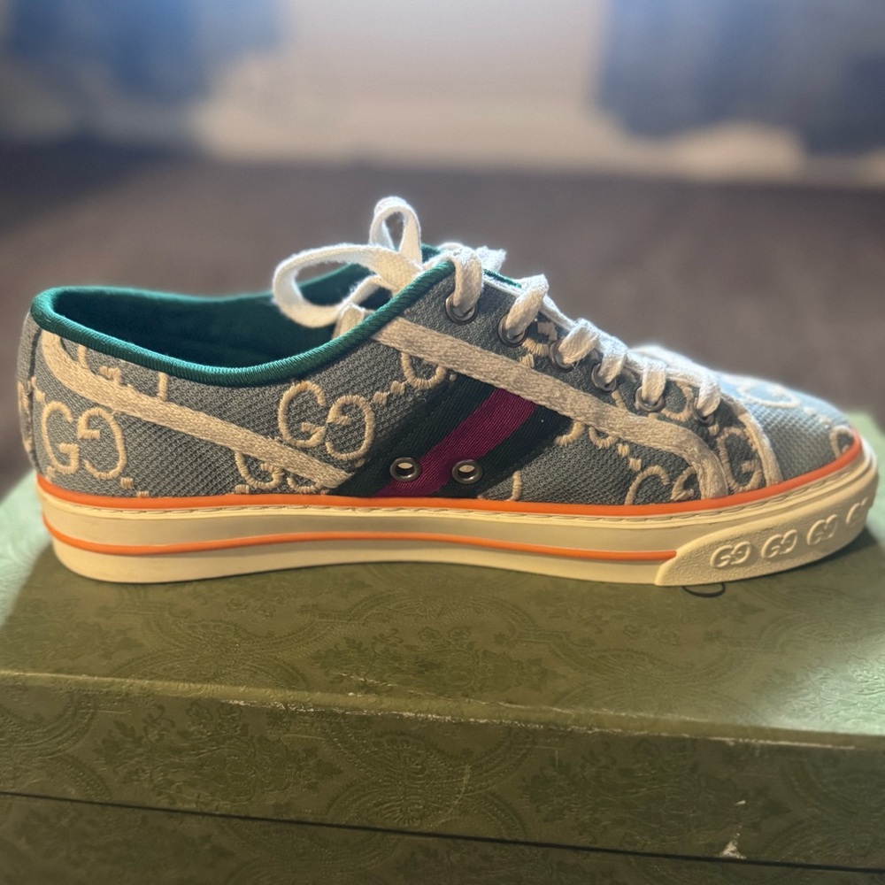Gucci Denim Blue Canvas Sneakers with Red and Green Accents